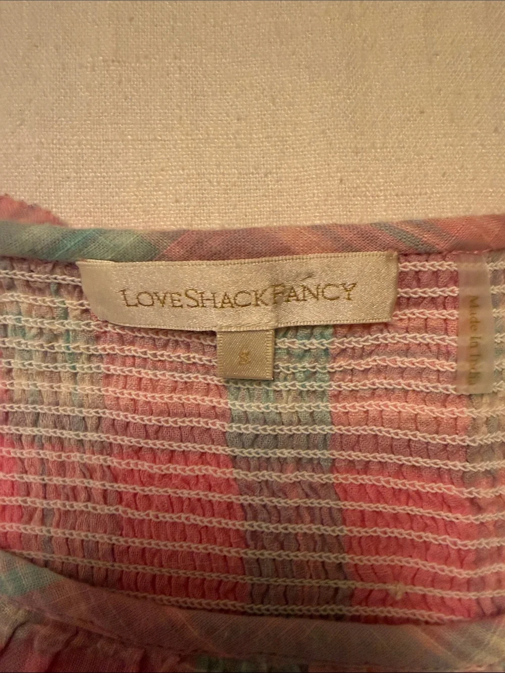 LoveShackFancy Pink and Light Blue Smocked Ruffle Top
